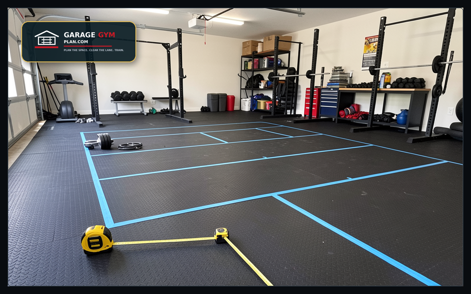 Garage gym layout cheat sheet with rack, storage wall, walking lane, and car clearance zones