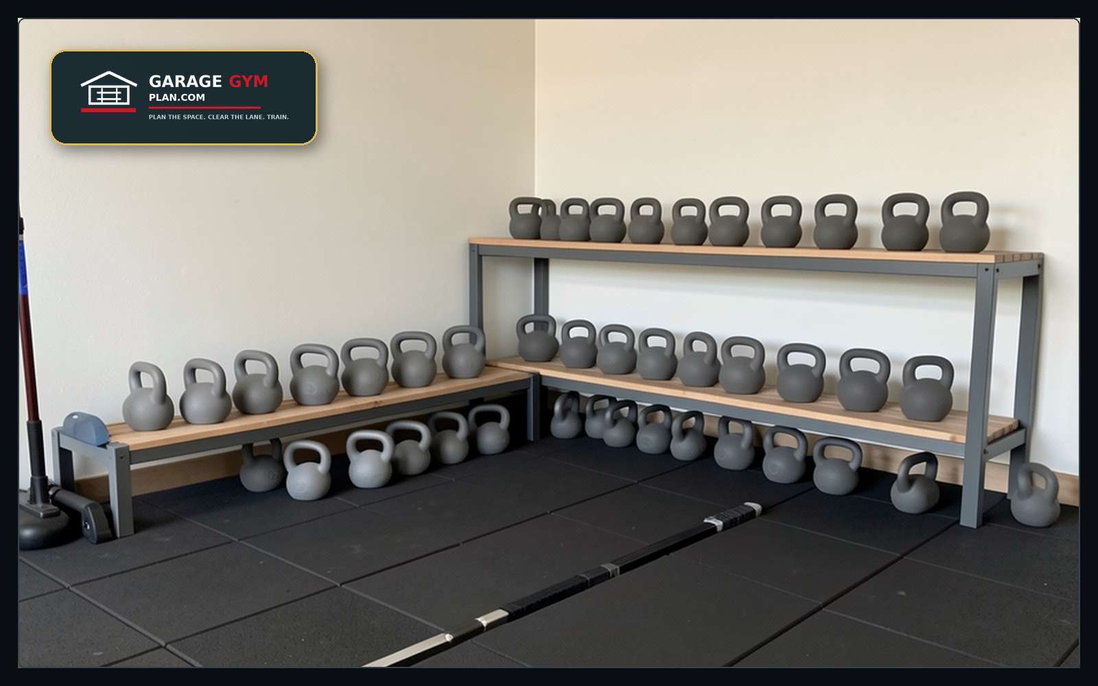 Kettlebell Storage for Garage Gyms Kettlebell storage for garage gyms with floor zones, shelves, labels, handles, swing