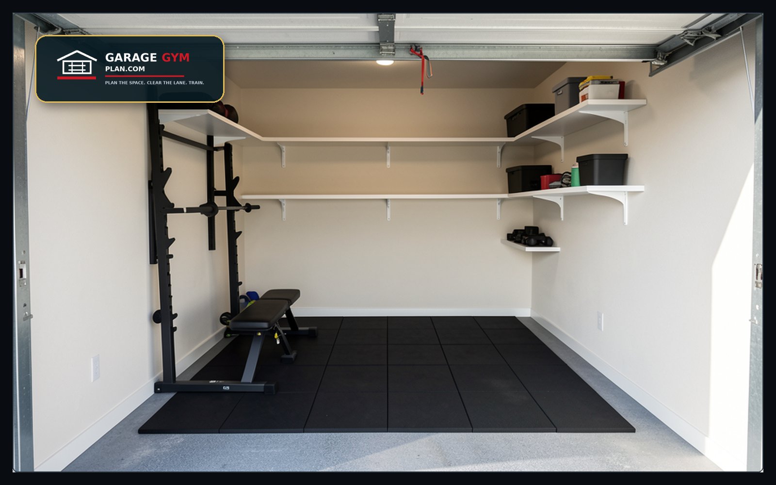 One-car or shared garage Keep car clearance, walk paths, and the training lane usable.