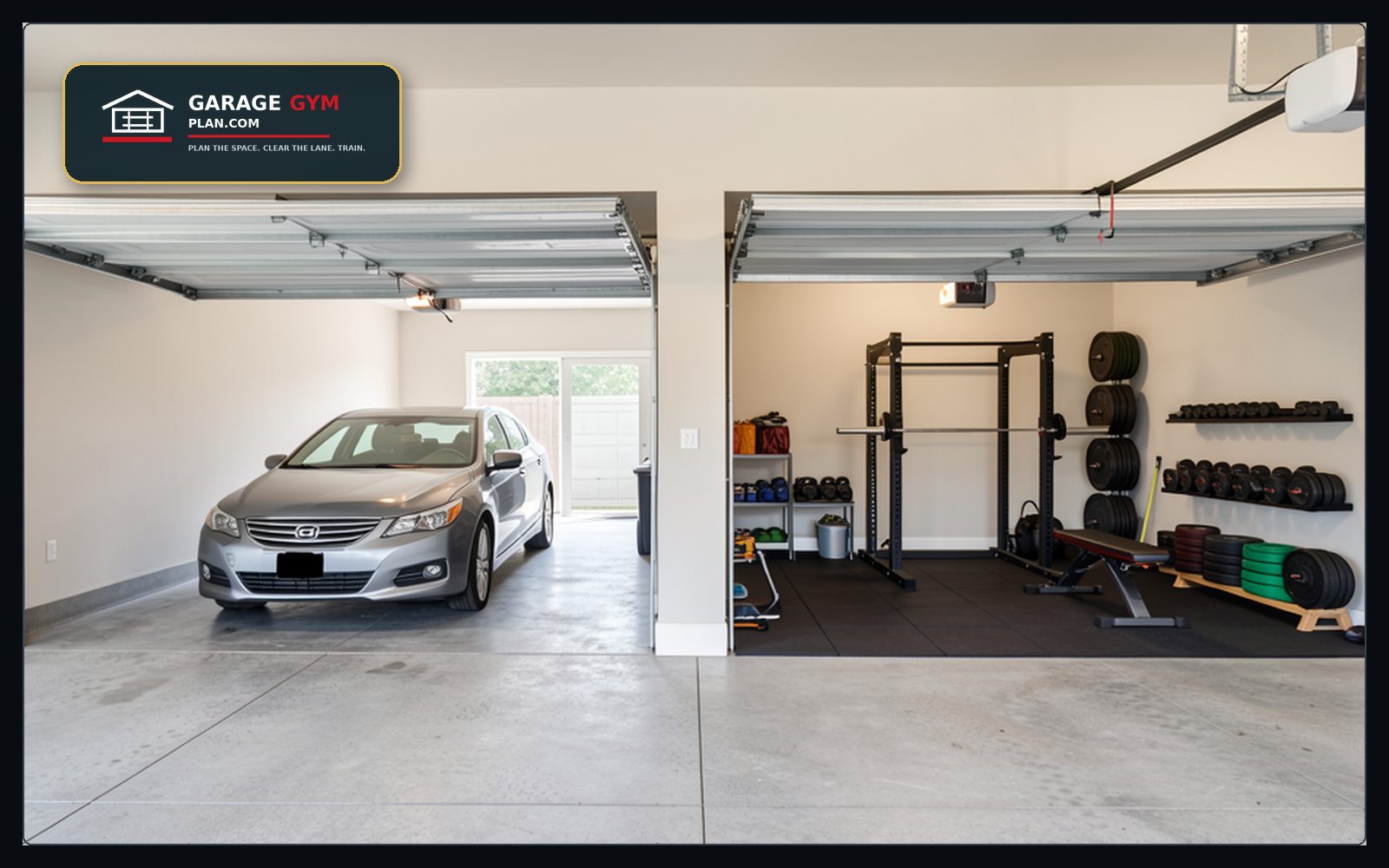 Two-Car Garage Gym Layout Two-car garage gym layout guide for half-bay gyms, full-bay gyms, shared storage, rack placeme
