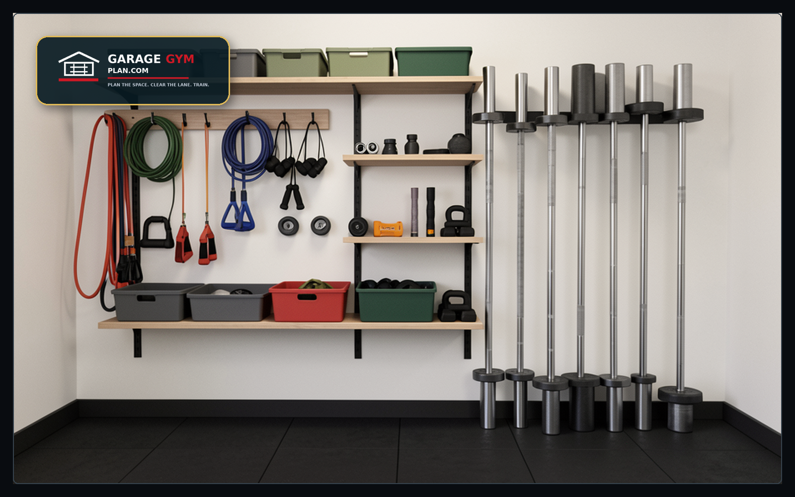 Wall storage and hooks Move gear off the floor without blocking doors or the rack path.