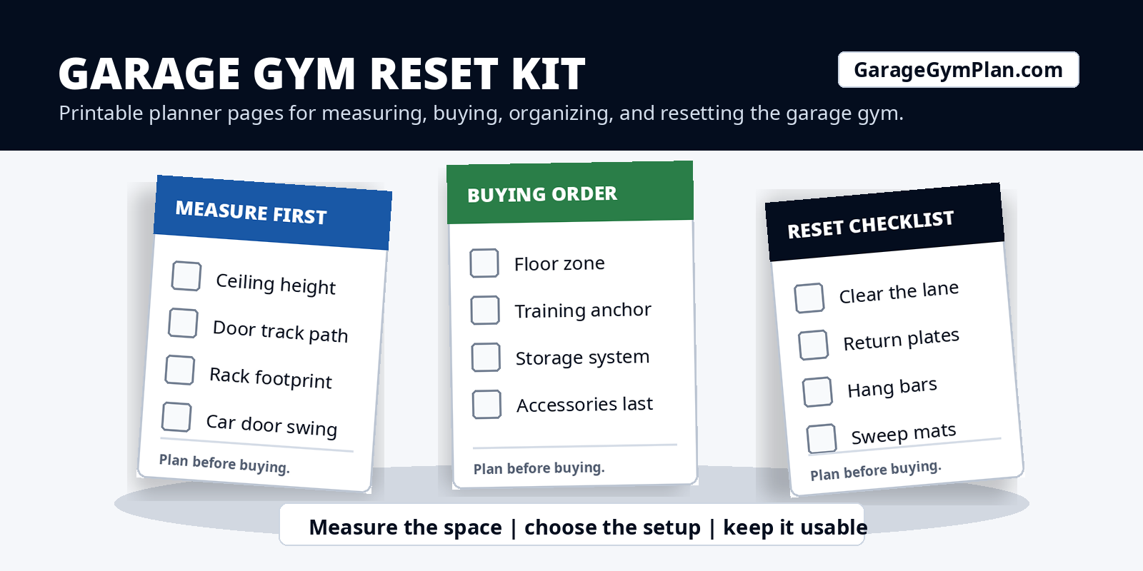Garage Gym Organization Planner bundle with printable planner, workbook, quick start guide, and bonus worksheets