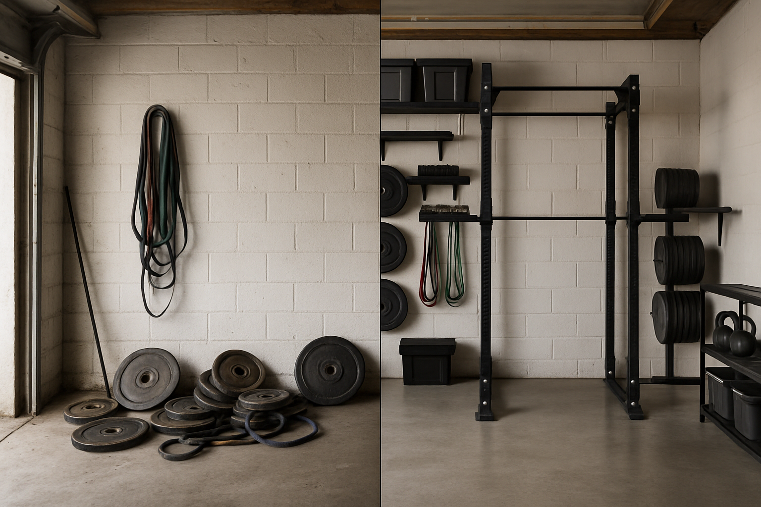 Before and after garage gym organization example