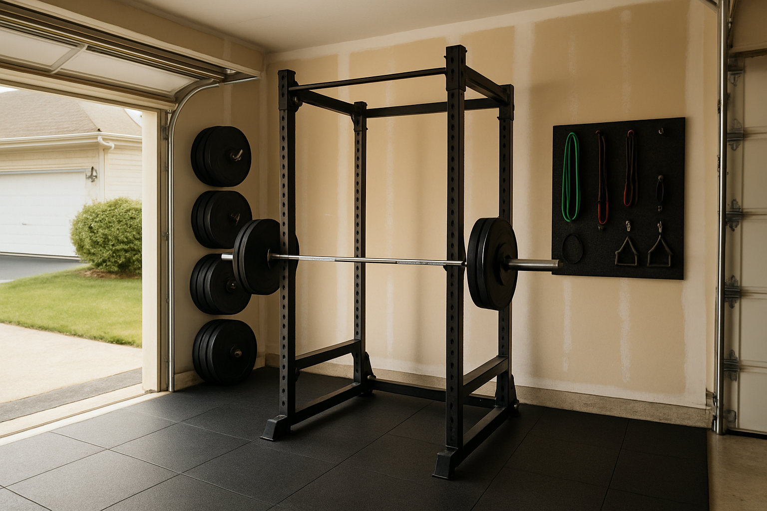 Organized one-car garage gym with rack and storage zones